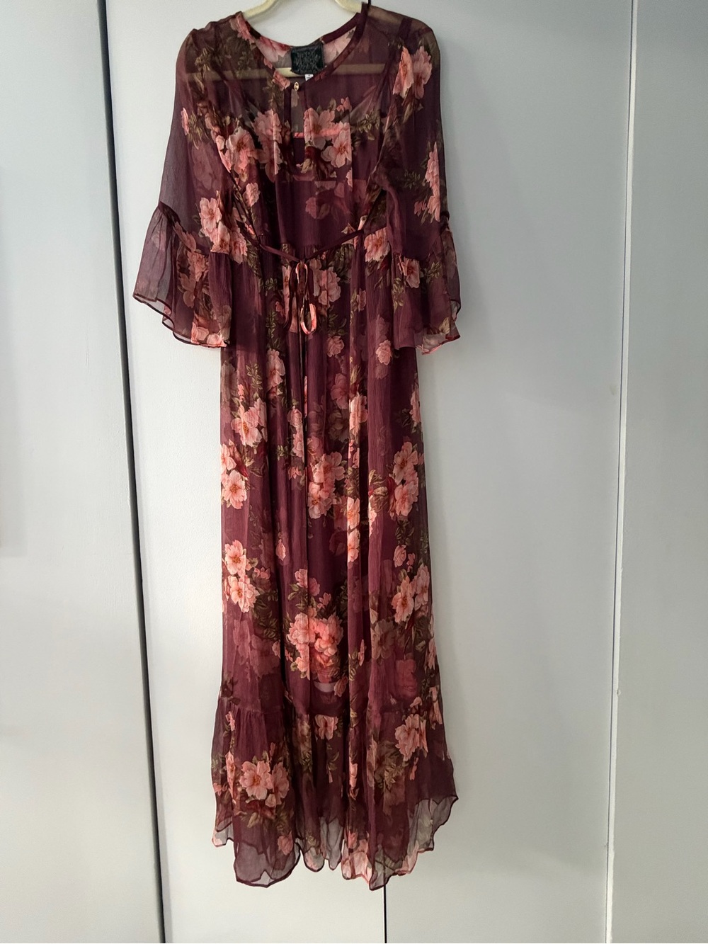 Johnny Was Burgundy and Pink Floral Sheer Dress with separate matching slip